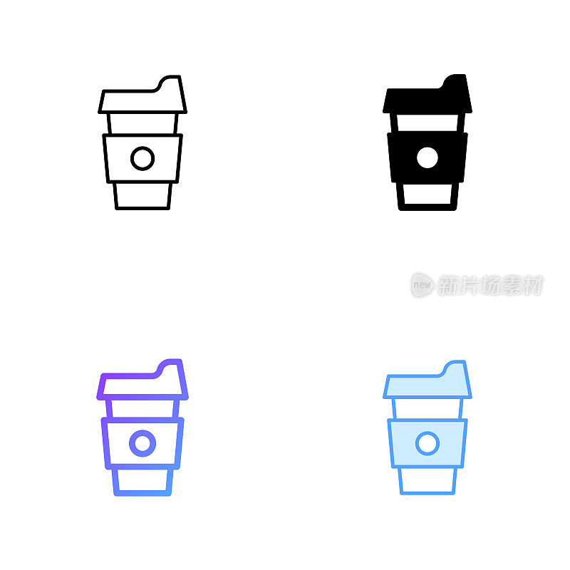 一次性咖啡杯图标设计在四种风格与可编辑的笔画。线，实线，平线和颜色梯度线。适合网页，移动应用，UI, UX和GUI设计。